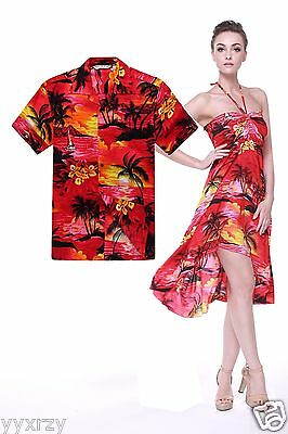 Couple Matching Shirt Dress Outfit Hawaiian Cruise Valentine Wedding Sunset Red
