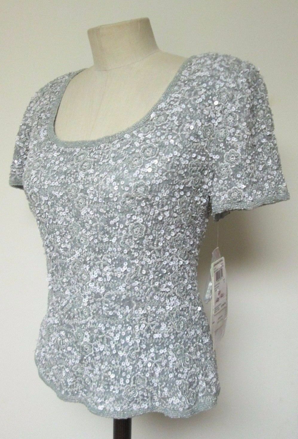 Adrianna Papell Occasions Silver Beaded Sequin Silk Top Sz 8 Nwt